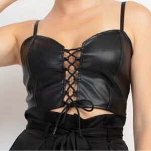 New Sleek Black Lace-Up Faux Leather Crop Top